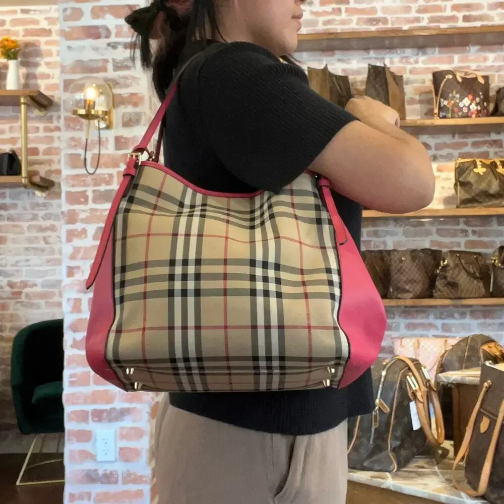 BURBERRY Canterbury Pink Haymarket Check Coated Canvas Leather Tote Bag